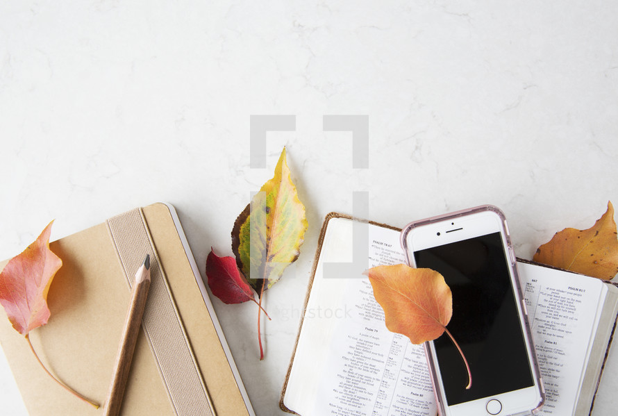 fall leaves on Bible, cellphone, and journal 