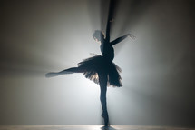  Silhouette of incredible girl dancing ballet in tutu on stage in front of spotlight. Volumetric painting, smoke scene. 