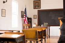 student desks in a classroom 