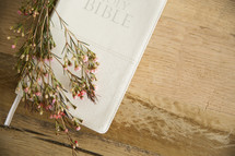 flowers over the cover of a Bible 