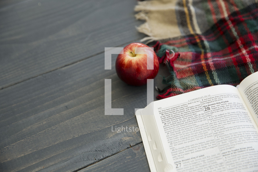 apple, plaid blanket, and open Bible on gray wood 