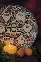 Jewish Passover Seder Plate, parsley and eggs