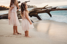 girls in fancy dresses standing on a beach 