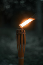 Tiki torch, burning flame garden candle in an outdoor setting, fire light