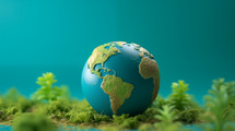 Model earth on a blue background with greenery. 