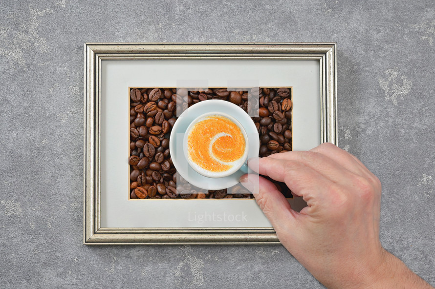 Abstract Hand Holding Cup Of Cappuccino Coffee Inside of Classic Frame