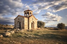Old orthodox church in the mountains at sunset, Crete, Greece