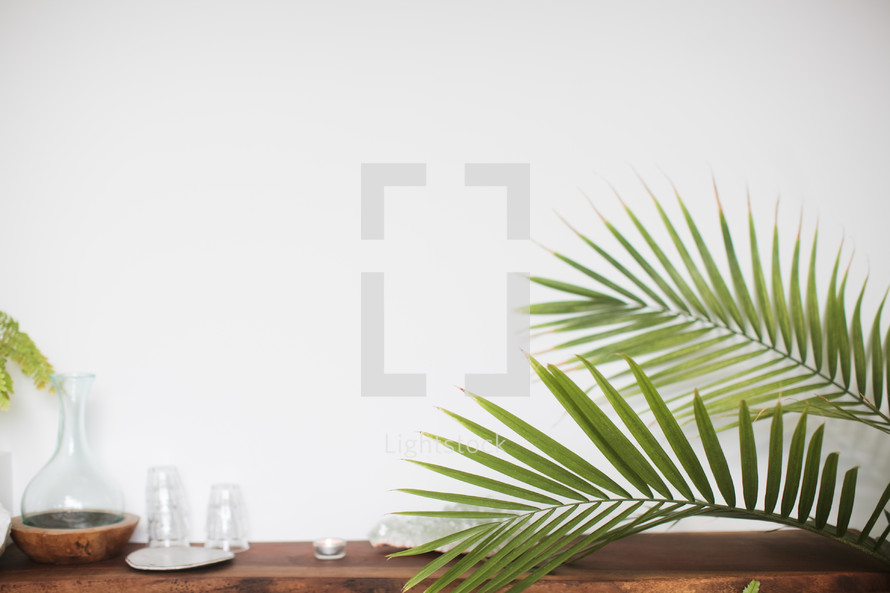 wood table and tropical foliage 