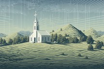 Digital Illustration of a Church in a Field of Rows of Hills