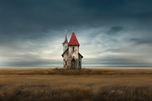 Abandoned church in the prairie with dramatic sky and clouds