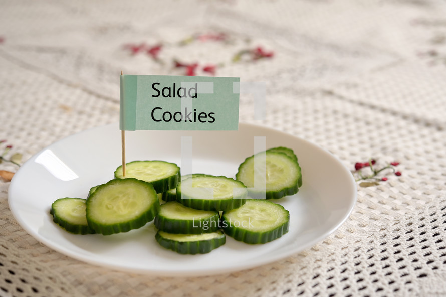 Salad cookies sign on cucumbers 