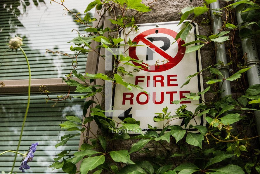 Fire route sign partially covered with vines.
