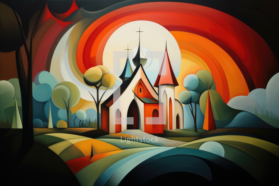 Illustration of a church in the woods with a moon in the background