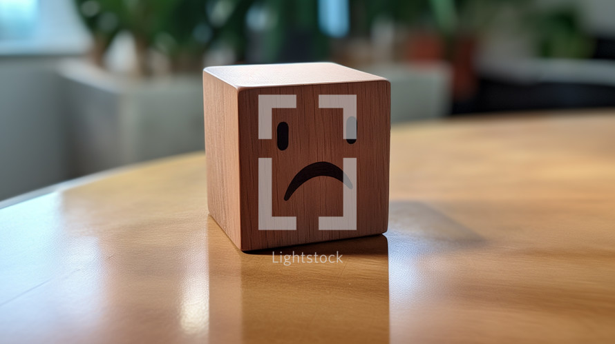 Wooden block with a sad face. 