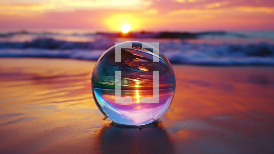 Glass orb perspective on the beach at sunset. 
