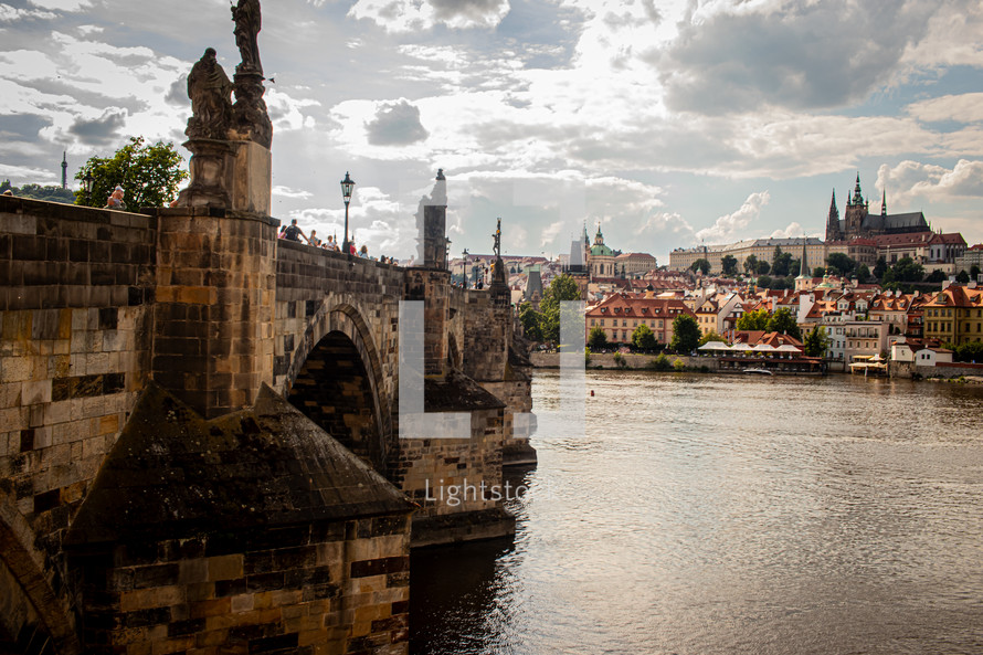 Charles Bridge, Prague, Czech Republic.   St. Vitus Cathedral (where Good King Wencelas is buried) is upper right.  