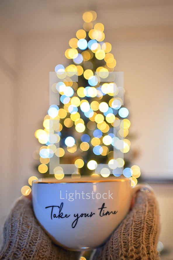 Cozy hands holding a mug with Christmas tree in the background