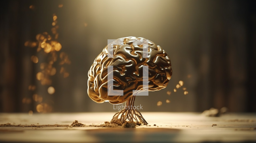Artificial intelligence brain model made of gold. 