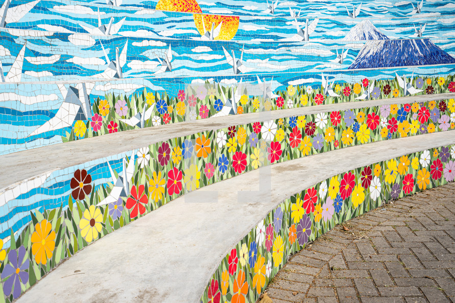 August 29, 2024. Rebeirao Pires, SP Brazil.
Mosaic artwork on the stairs at the Oriental Garden at Rebeiroa Pires.