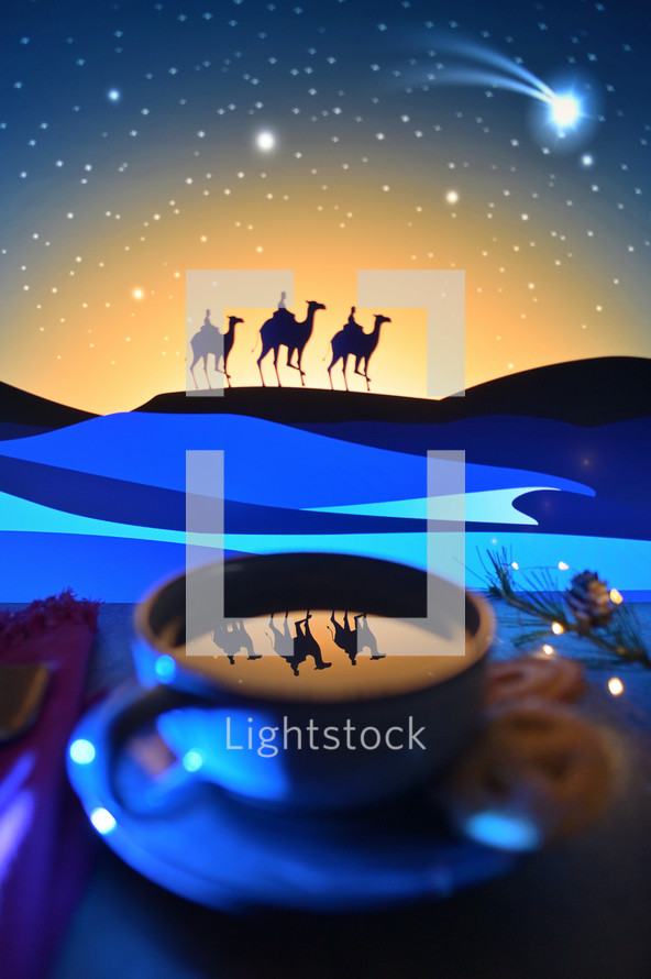 Image of wise men on camels reflected in tea