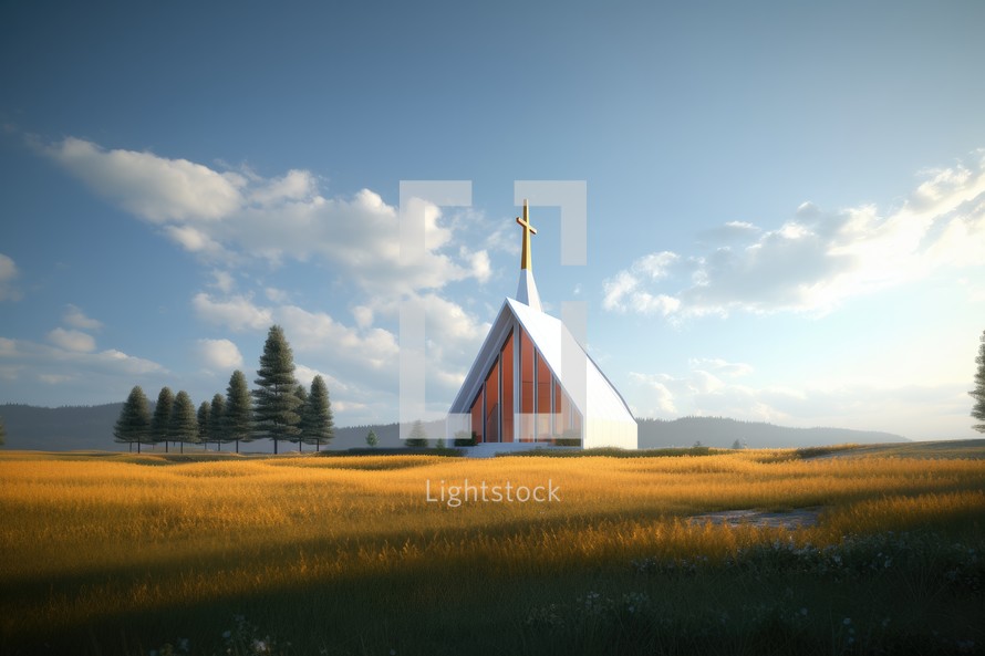 Church in the middle of a rice field at sunset with blue sky