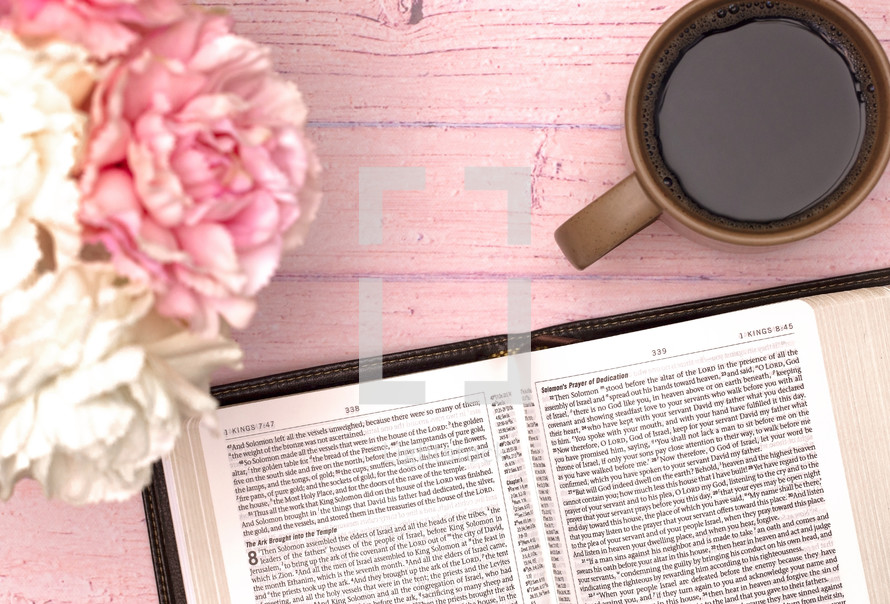 Personal Bible Study with a Cup of Hot Coffee on a Pink Table