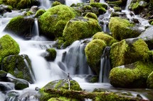 waterfalls over mossy rocks 