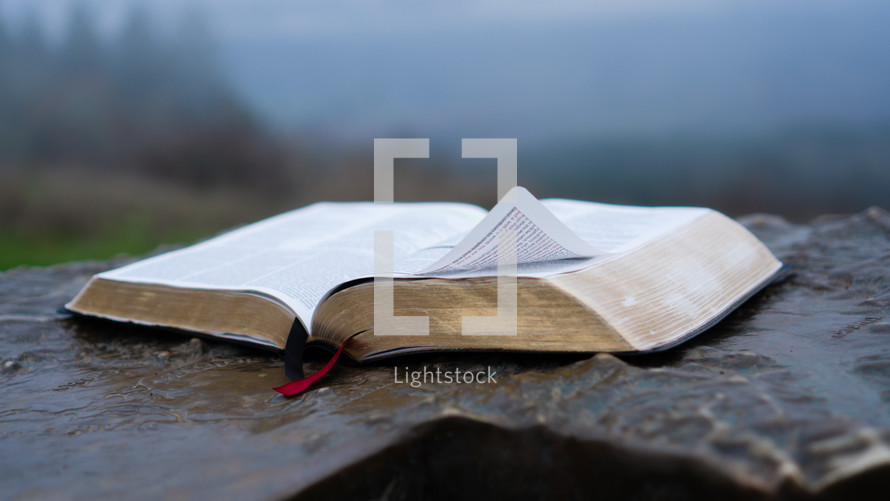 Close up shot of a open bible on a podium outside on a cloudy day. ("For the word of God is living and powerful, and sharper than any two edged sword")