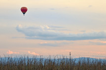 hot air balloon over a field and power lines 