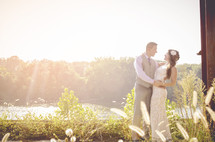 portrait of a bride and groom at sunset 