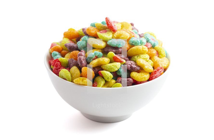 bowl of cereal, fruit shaped breakfast cereal 
