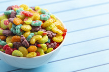 bowl of cereal, fruit shaped breakfast cereal 