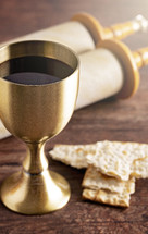 Holy Communion or the Lords Supper Prepared on a Dark Wood Table with an Antique Scroll
