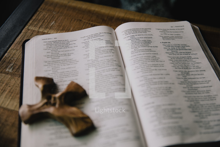 wood cross on the pages of a Bible 