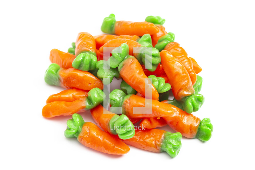 Gummy Candy Carrots Isolated on a White Background