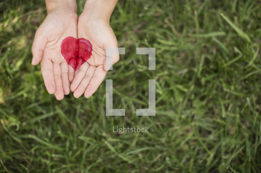 A heart painted onto two hands extended over green grass.