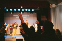youth, teens, raised hands, worship, performers, stage, on stage, musicians, music