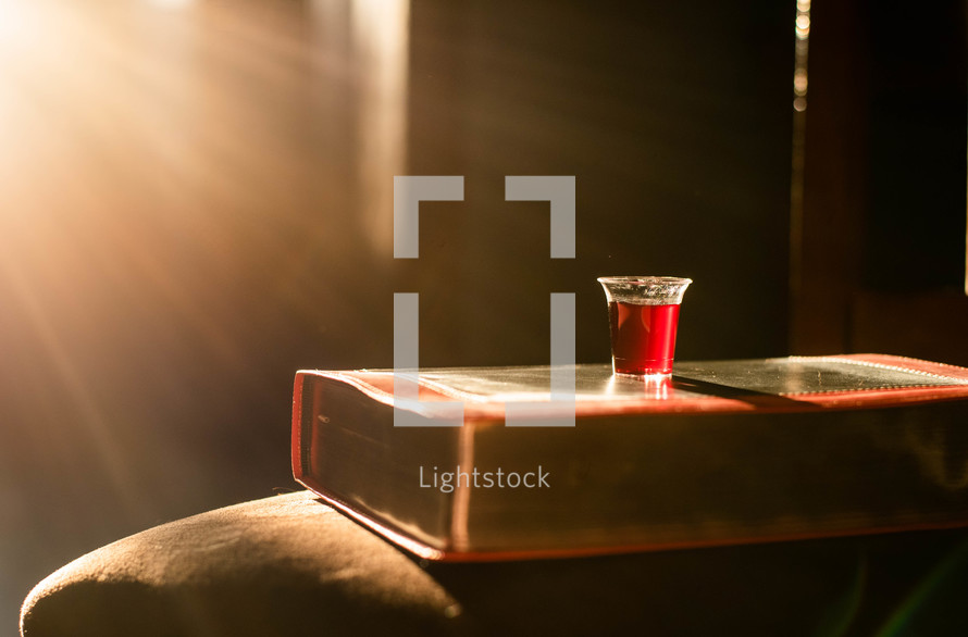 bright sunlight and communion cup on a Bible 