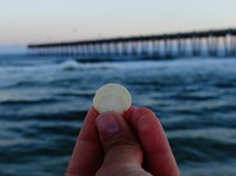 hand holding up a seashell and view of a pier 