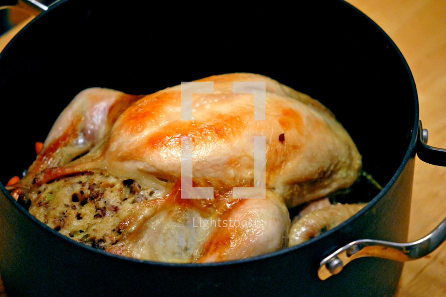 Holiday dinner:  roast chicken with savory pork and sage dressing still in the roasting pan.