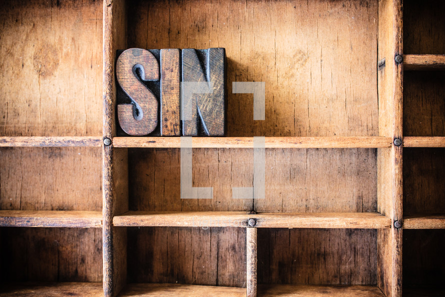 Wooden letters spelling "sin" on a wooden bookshelf.
