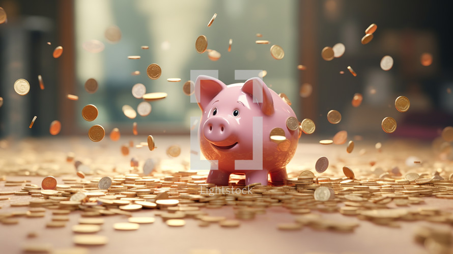 A happy pink piggy bank with coins falling all around. 