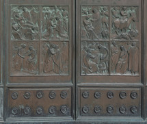 Bronze catholic church doors, Siena Dome, Tuscany region, Italy
