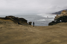A lone person stands on cliffs by the ocean.