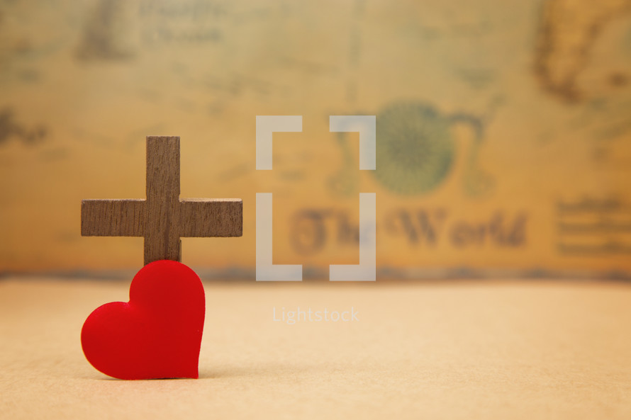 For God so loved the world, - cross and red heart on a map 