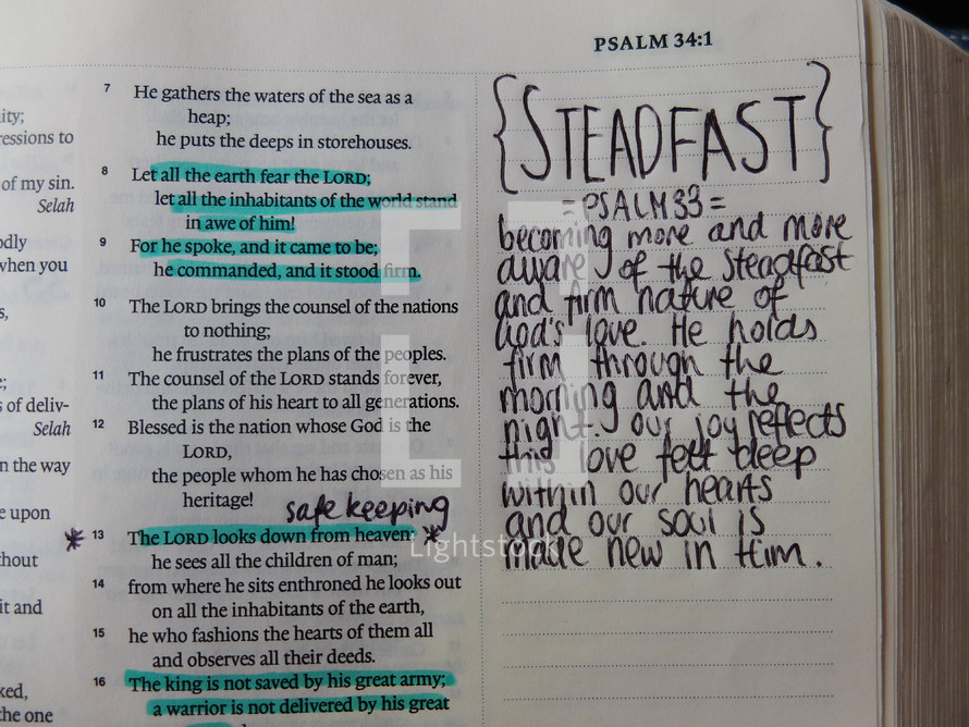 steadfast, notes on the edge of pages of a Bible 
