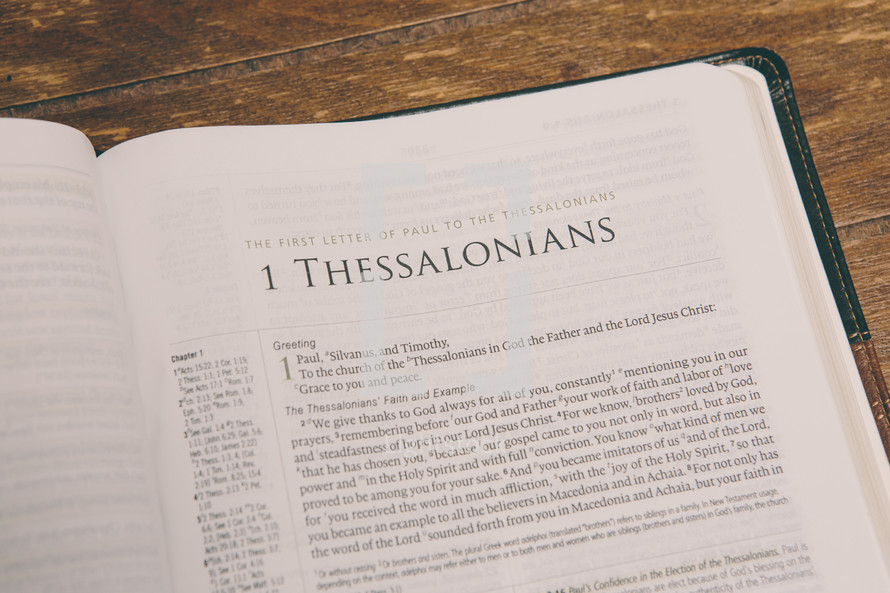 Bible opened to 1 Thessalonians 