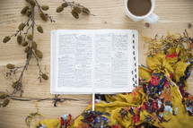 pine cones on a stick, open Bible, coffee, mug, and scarf on a table 