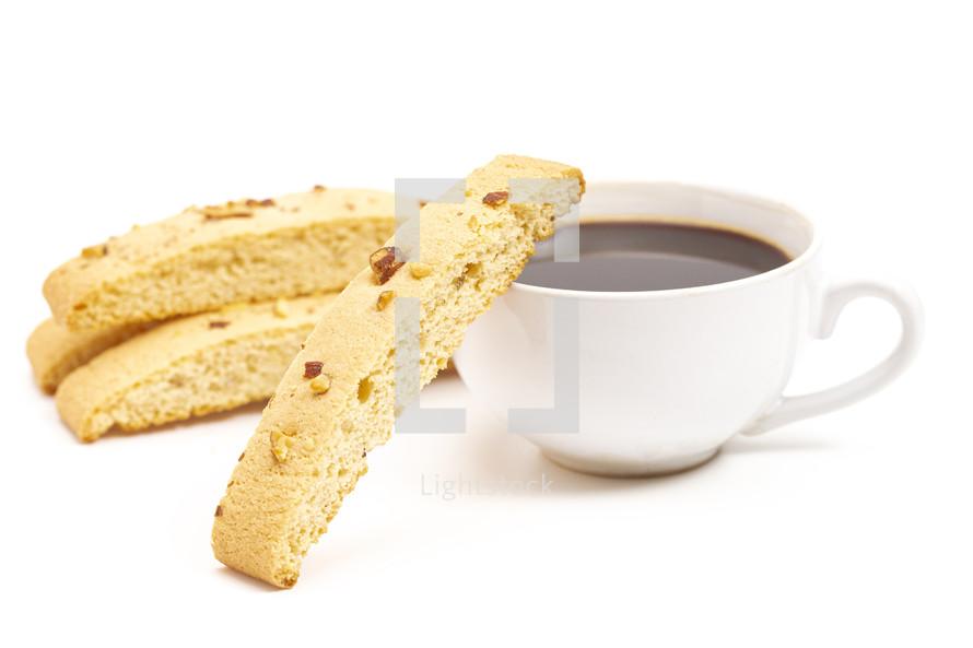 coffee and Almond and Walnut Biscotti Isolated on a White Background
