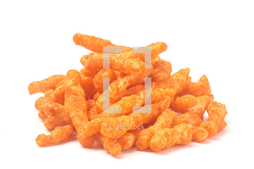 Long and Thin Crunchy Orange Cheesy Chips on a White Background